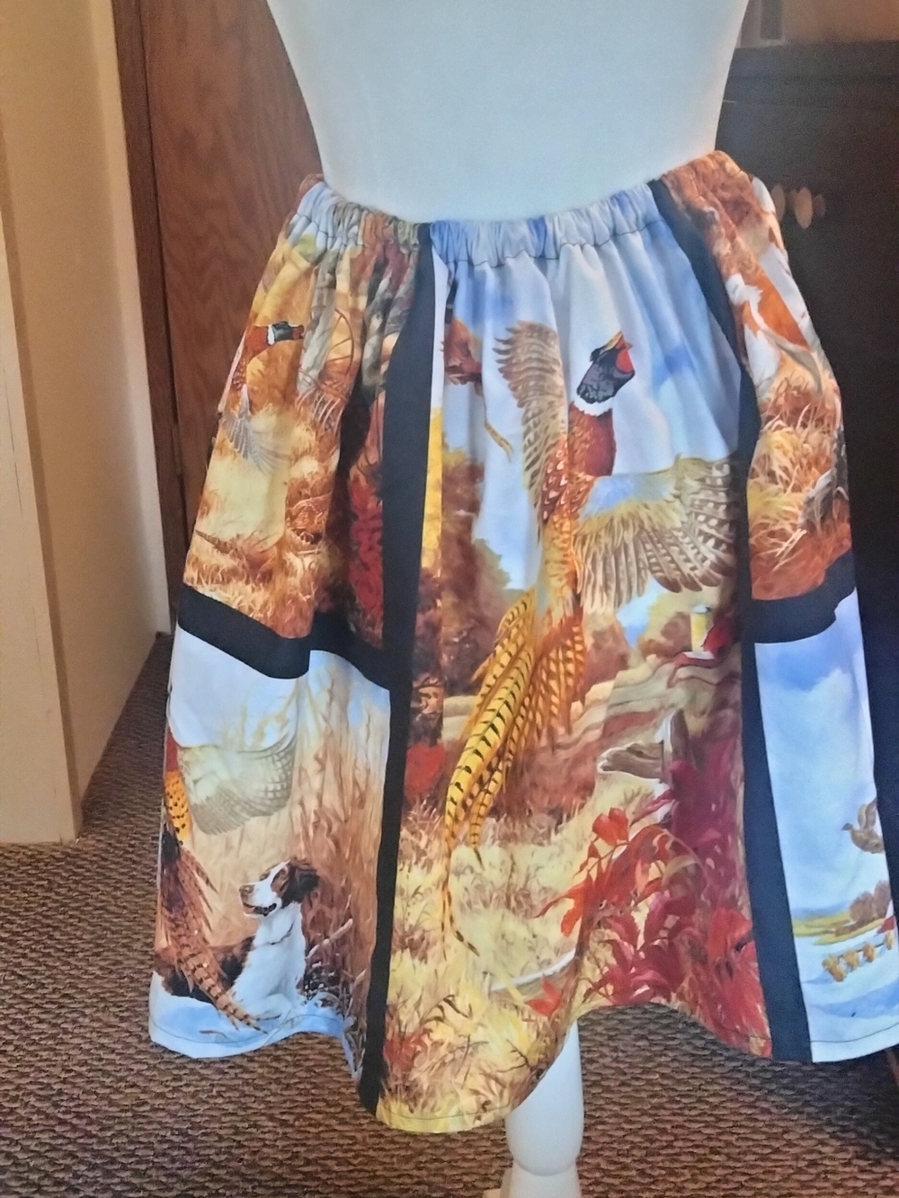Pheasant-Print Elastic-Waist A-Line Skirt - Multicolor